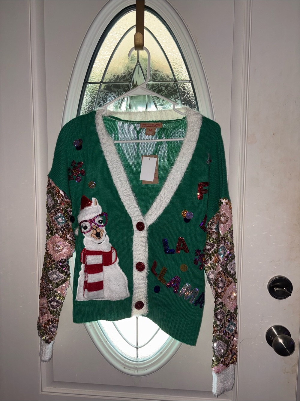 Womens Christmas sweater Llama Embellished sequin sleeves cardigan NWT!M#holiday